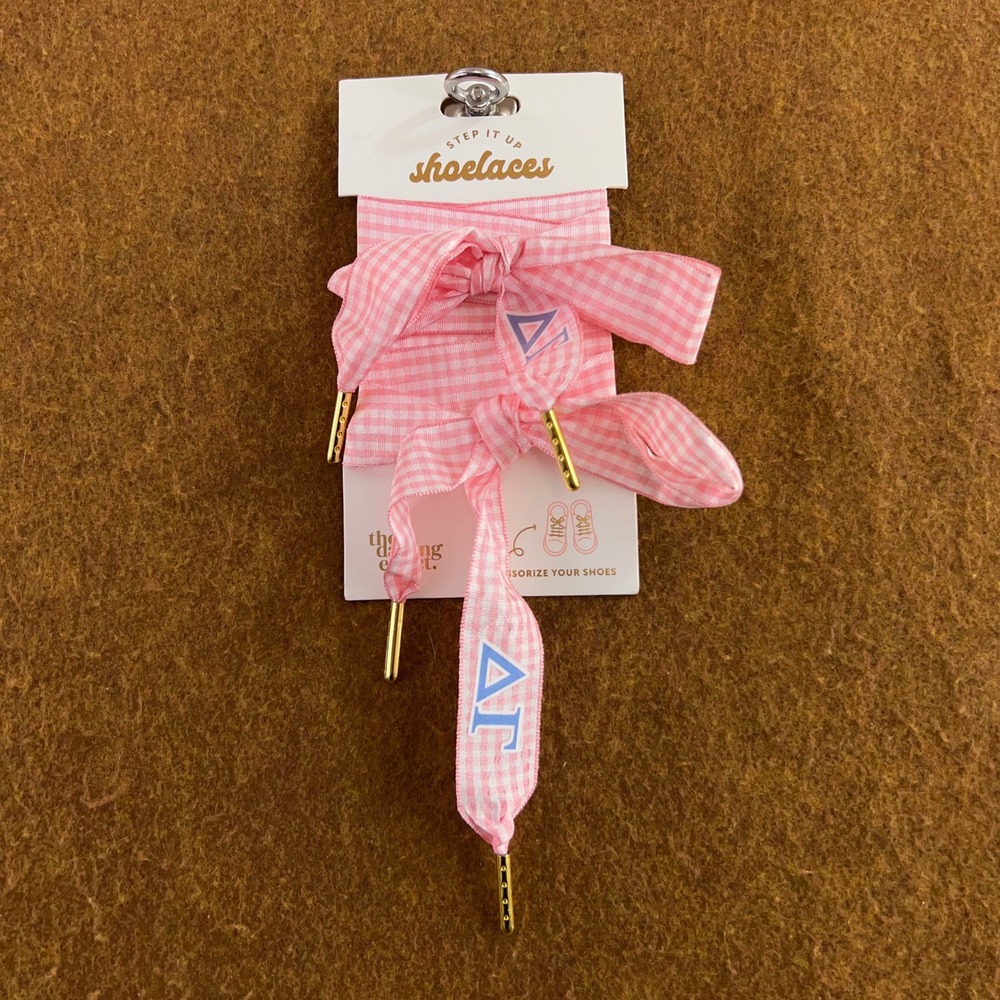 The Darling Effect Womens OS Pink Delta Gamma Gingham Ribbon Shoelaces NWT
